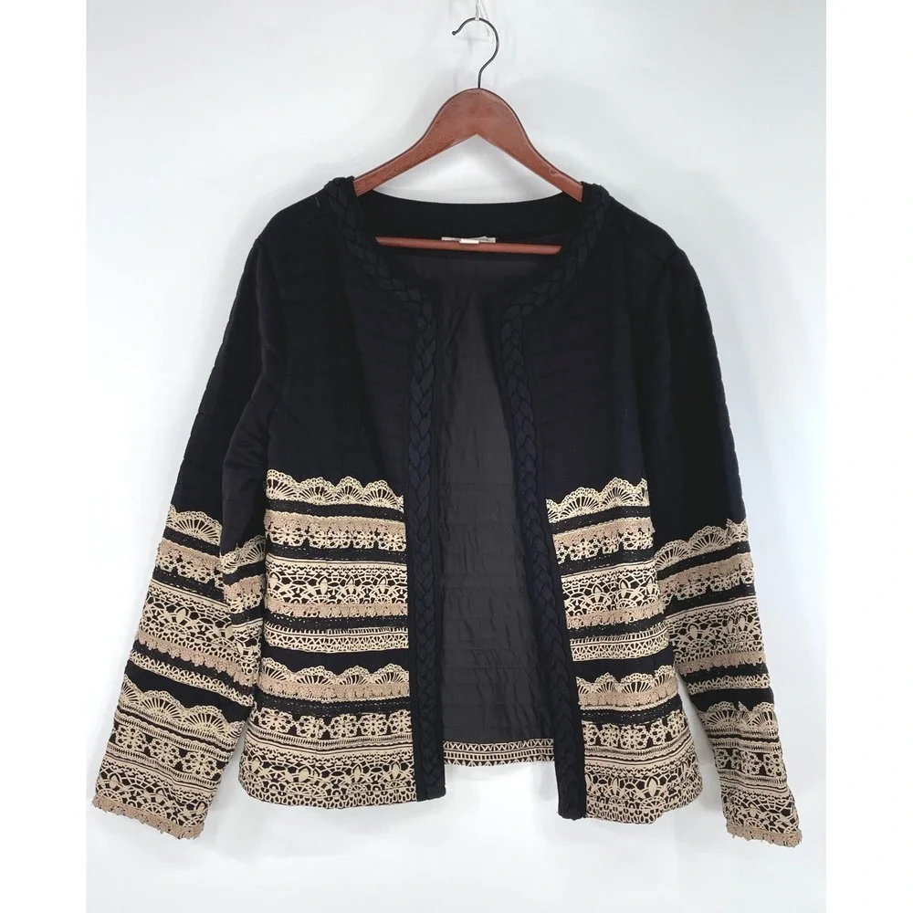 Coldwater Creek Womens Jacket L 14 Open Front Black Tan Crochet Lace Boho